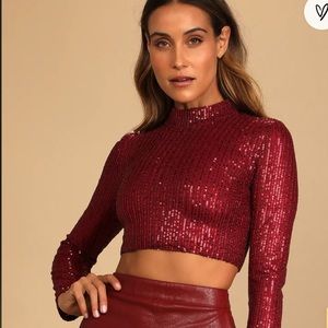 Dazzling Wine Red Sequin Long Sleeve Mock Neck Crop Top
